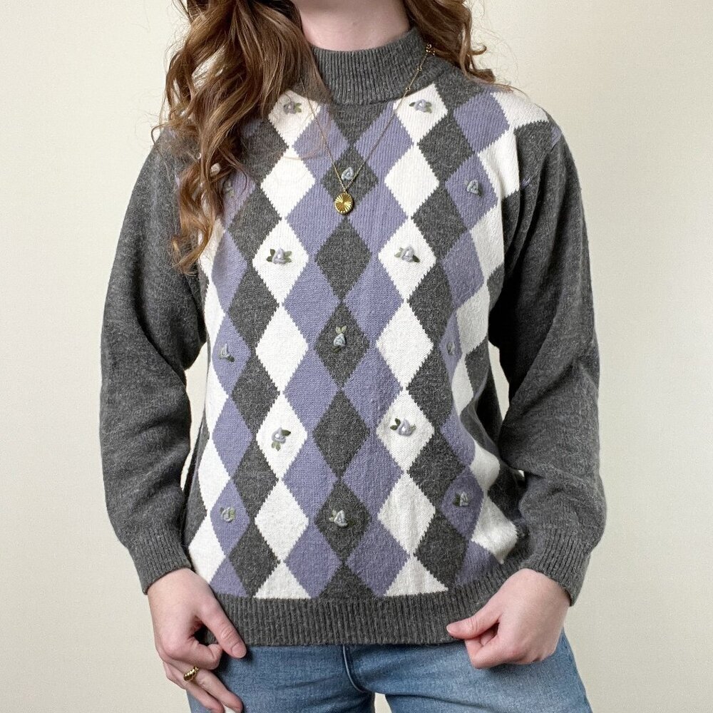 Vintage Argyle 3-D Knit Floral Embroidered Knit Mock Neck Crew Sweater Preppy 3D